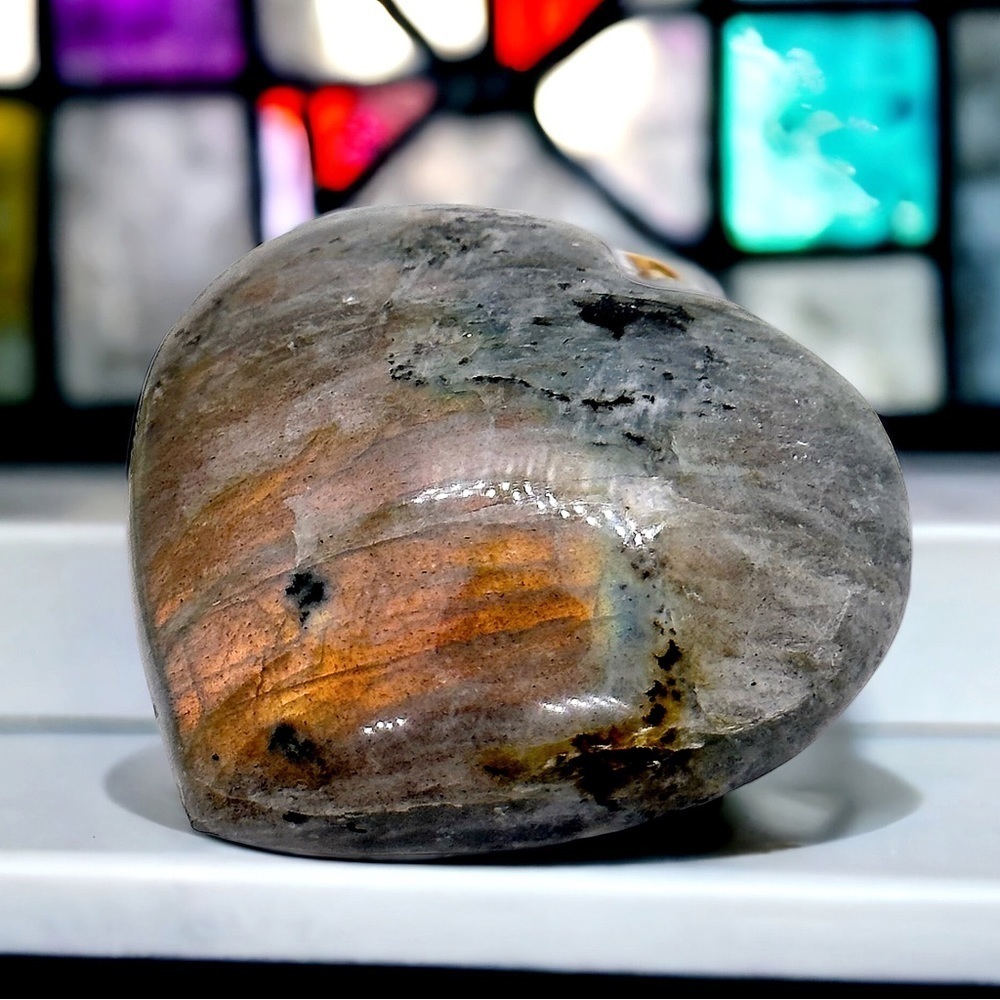 Spectral Golden Labradorite Heart Palm Stone Healing Gemstone Crystal Geode